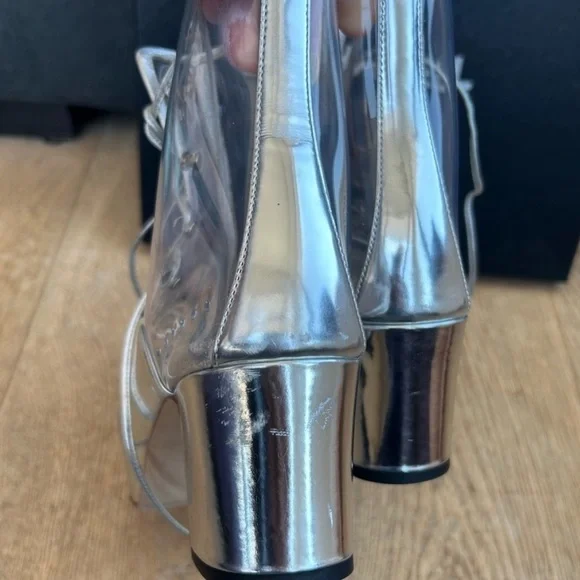 💕CHANEL Silver Leather Chain Transparent Open Toe Ankle Boots - Picture 5 of 9